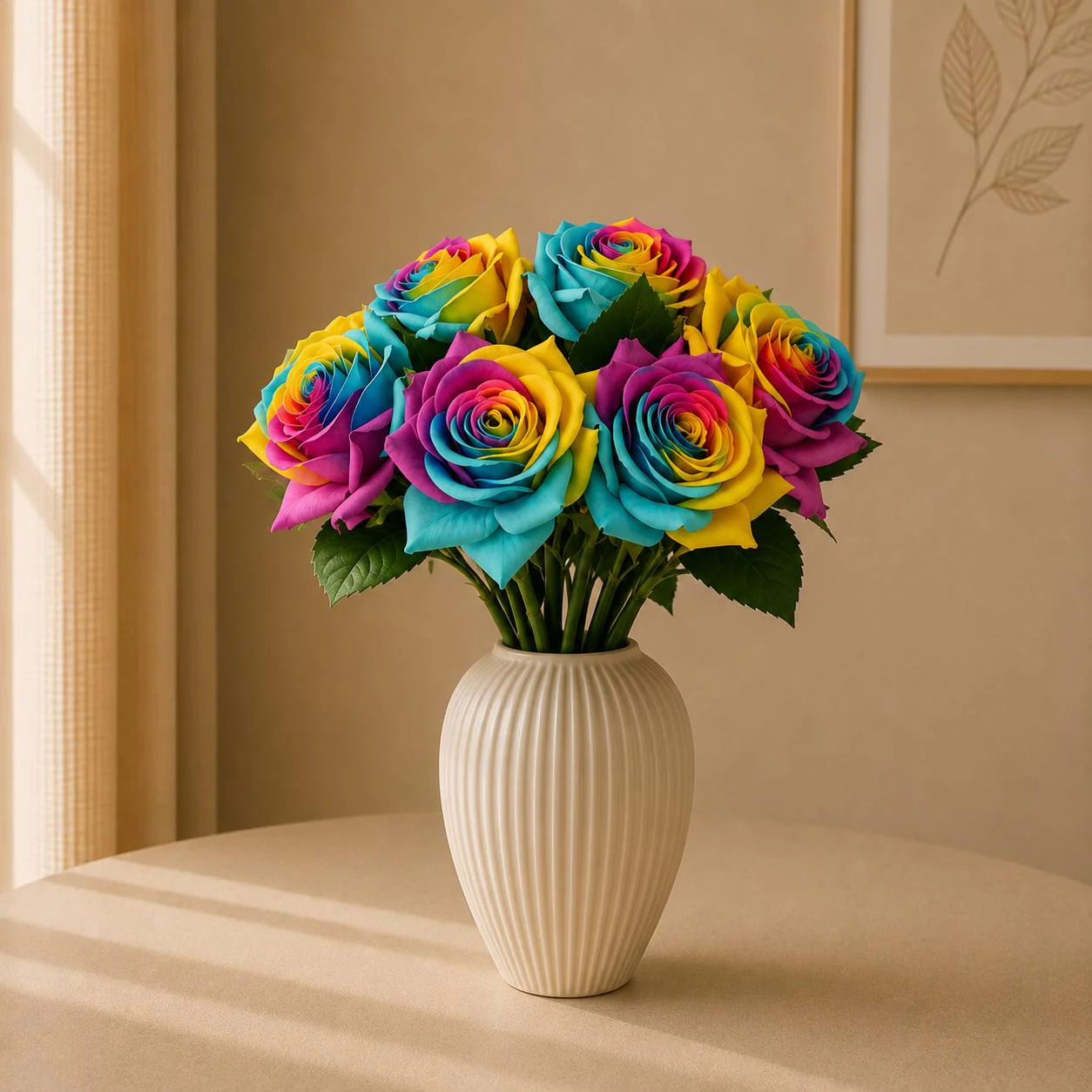 Artificial bouquet of 7 rainbow roses 35cm
