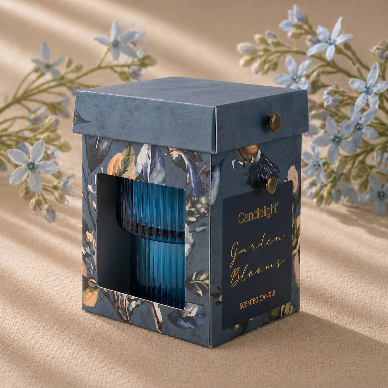 Small Ridged Glass Candle - Garden Blooms Blue