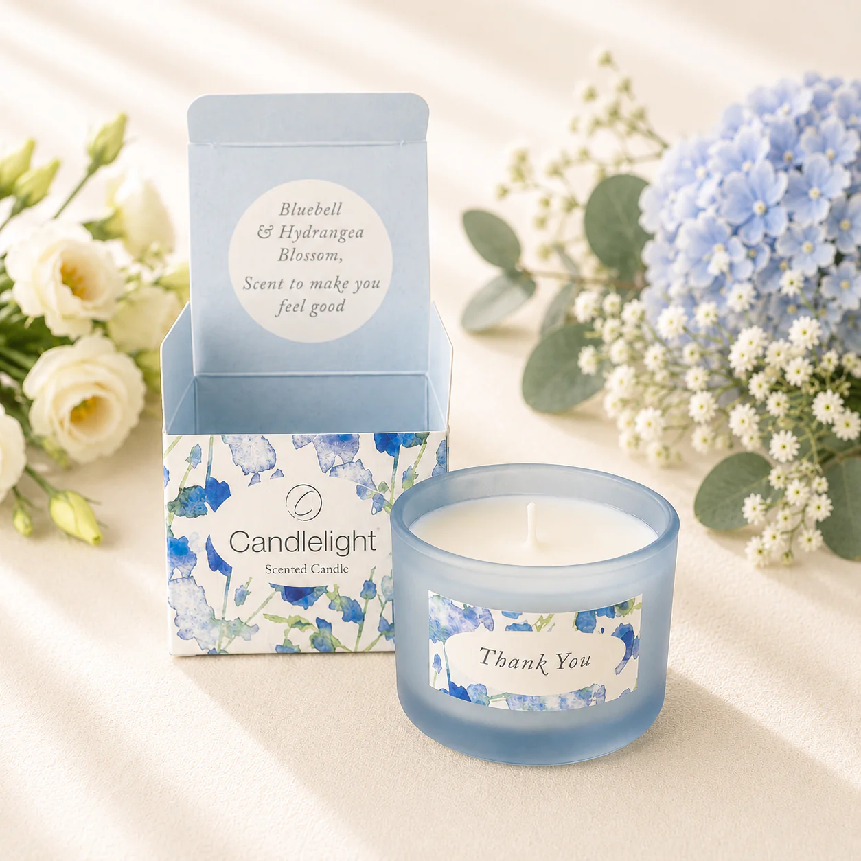 Single Candle Gift Set Thank You - Bluebell & Hydrangea Blossom